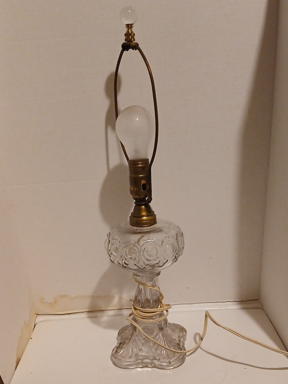 Vintage Clear Pressed Glass Table Lamp with Brass Accents